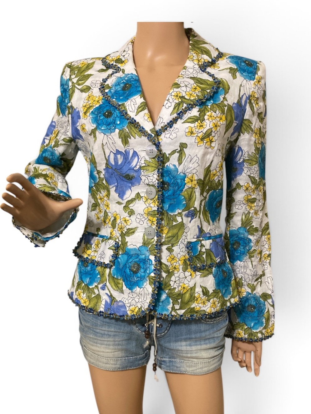 Anthracite 100%linen Women's Blue Floral Button-Front Blazer Jacket